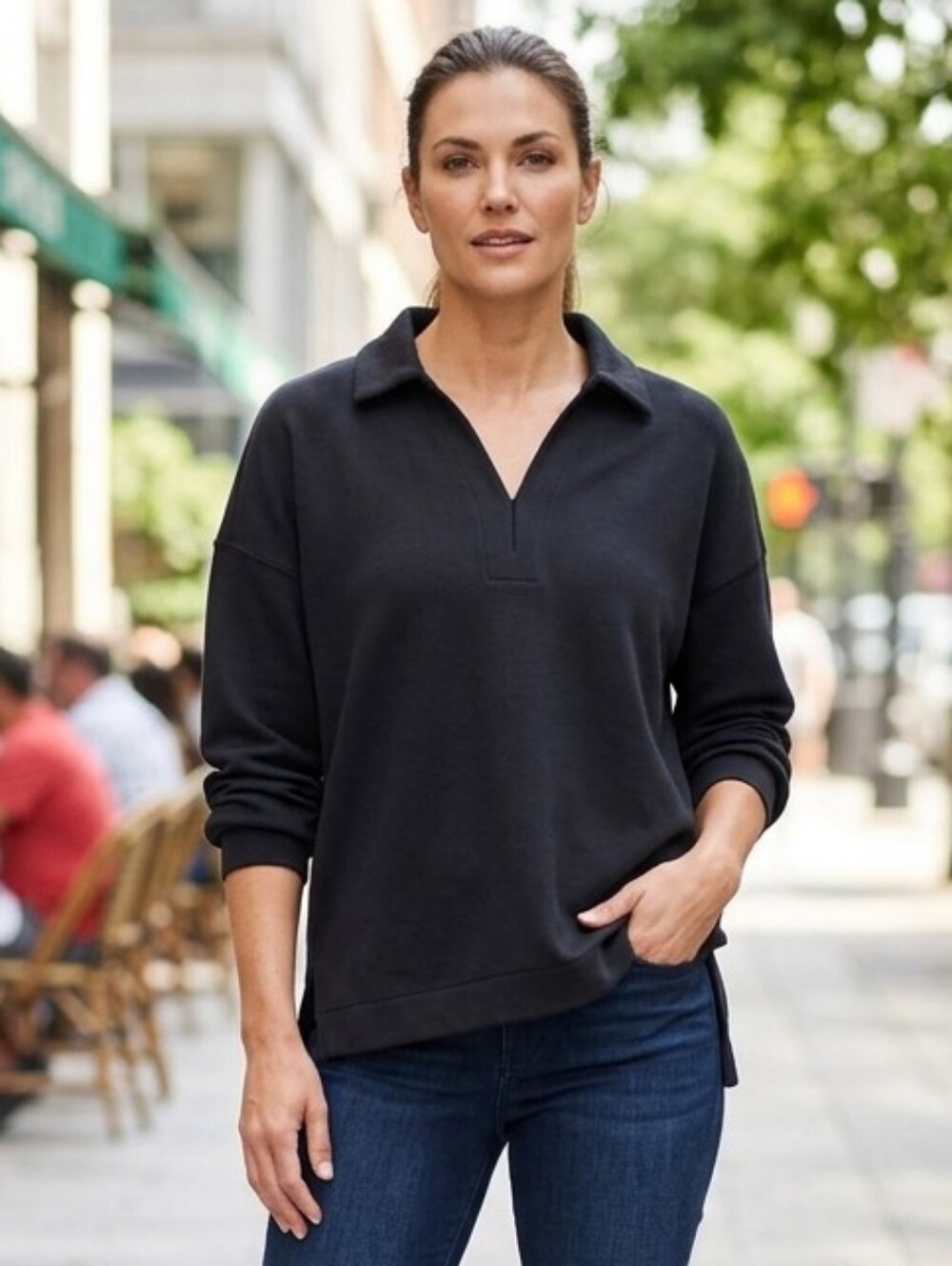 SPANX Women's Sporty Black V-Neck AirEssentials Long Sleeve Polo Top Size Large